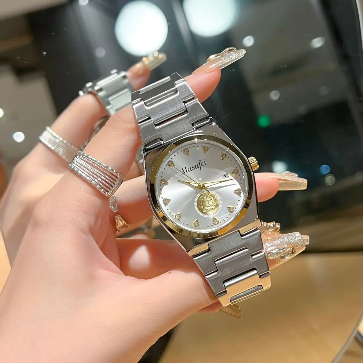 Men's Gold Skeleton Watch with Silver Chain Strap