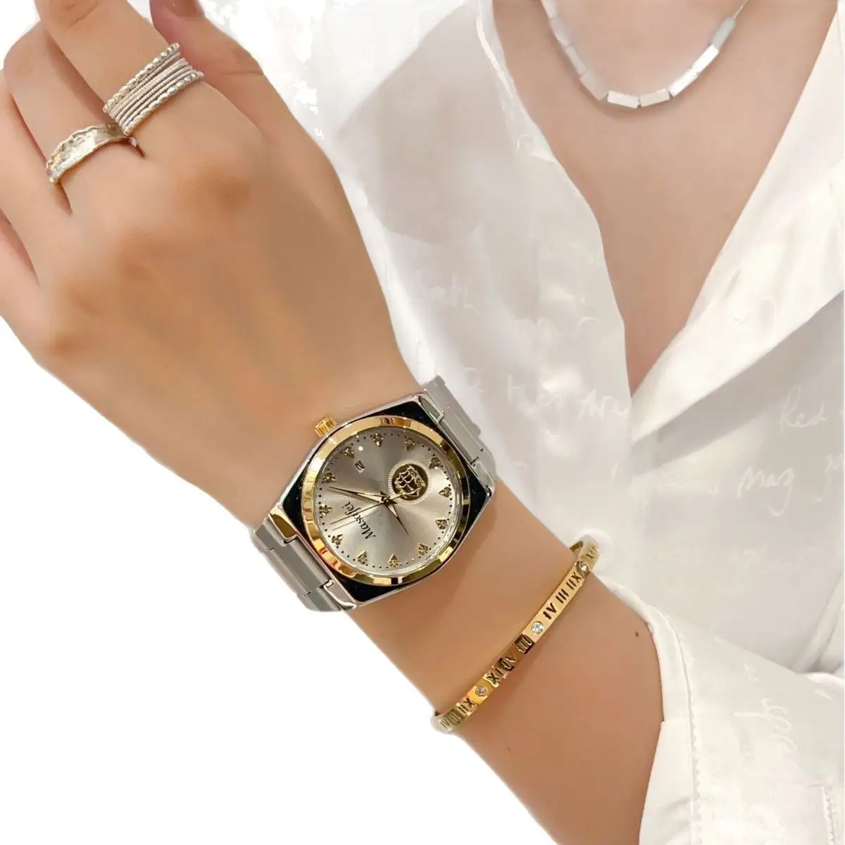 Men's Gold Skeleton Watch with Silver Chain Strap