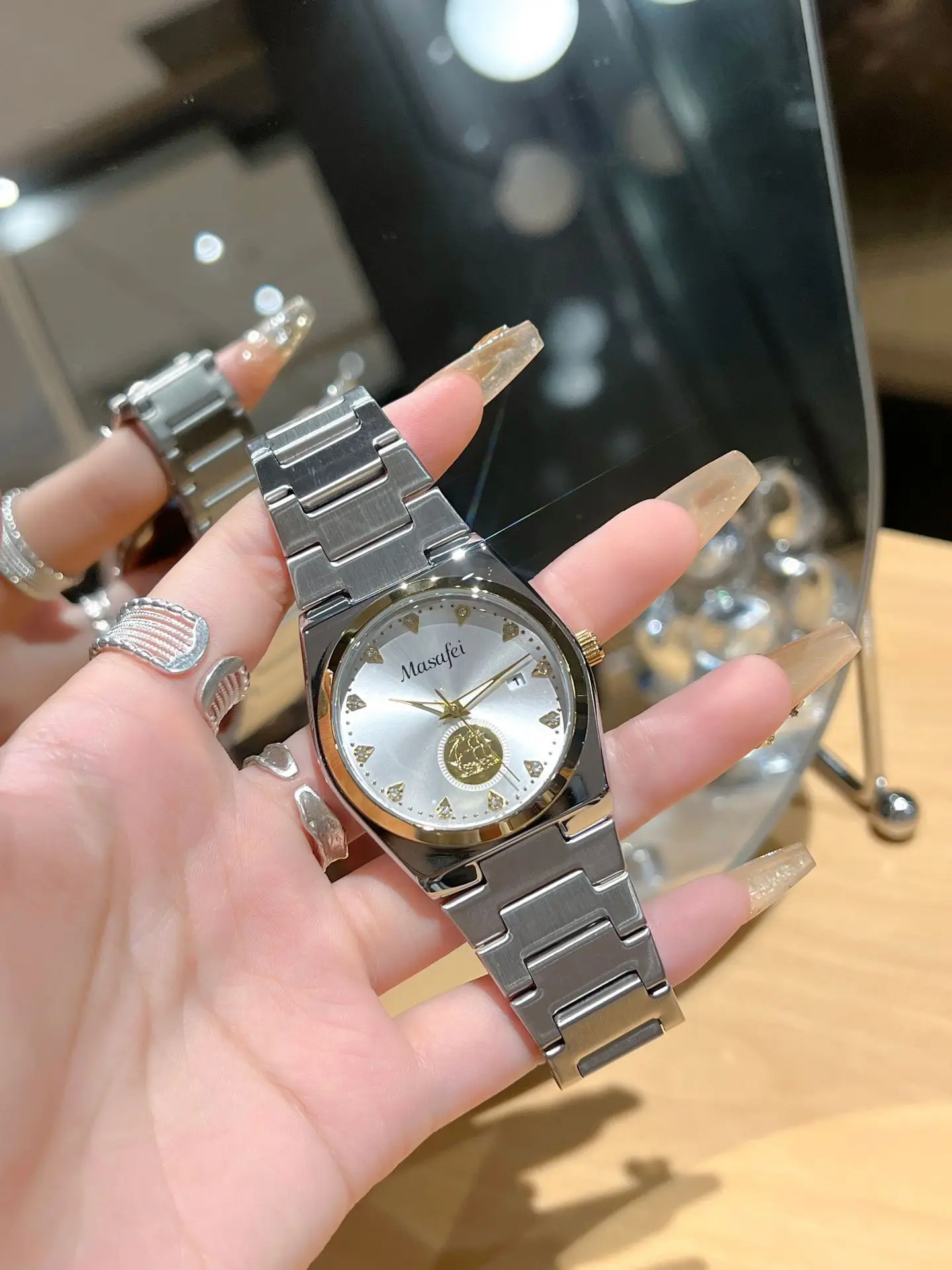 Men's Gold Skeleton Watch with Silver Chain Strap — feature 1