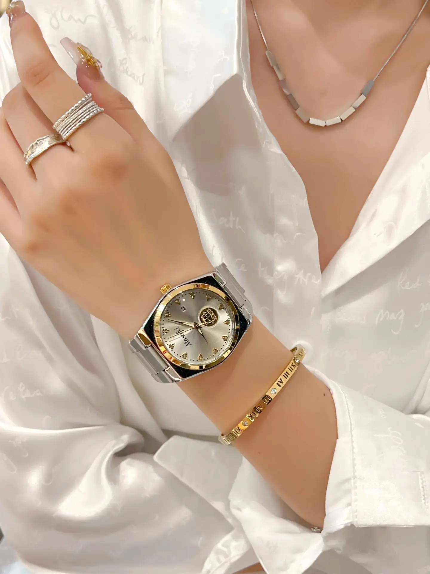 Men's Gold Skeleton Watch with Silver Chain Strap — feature 5