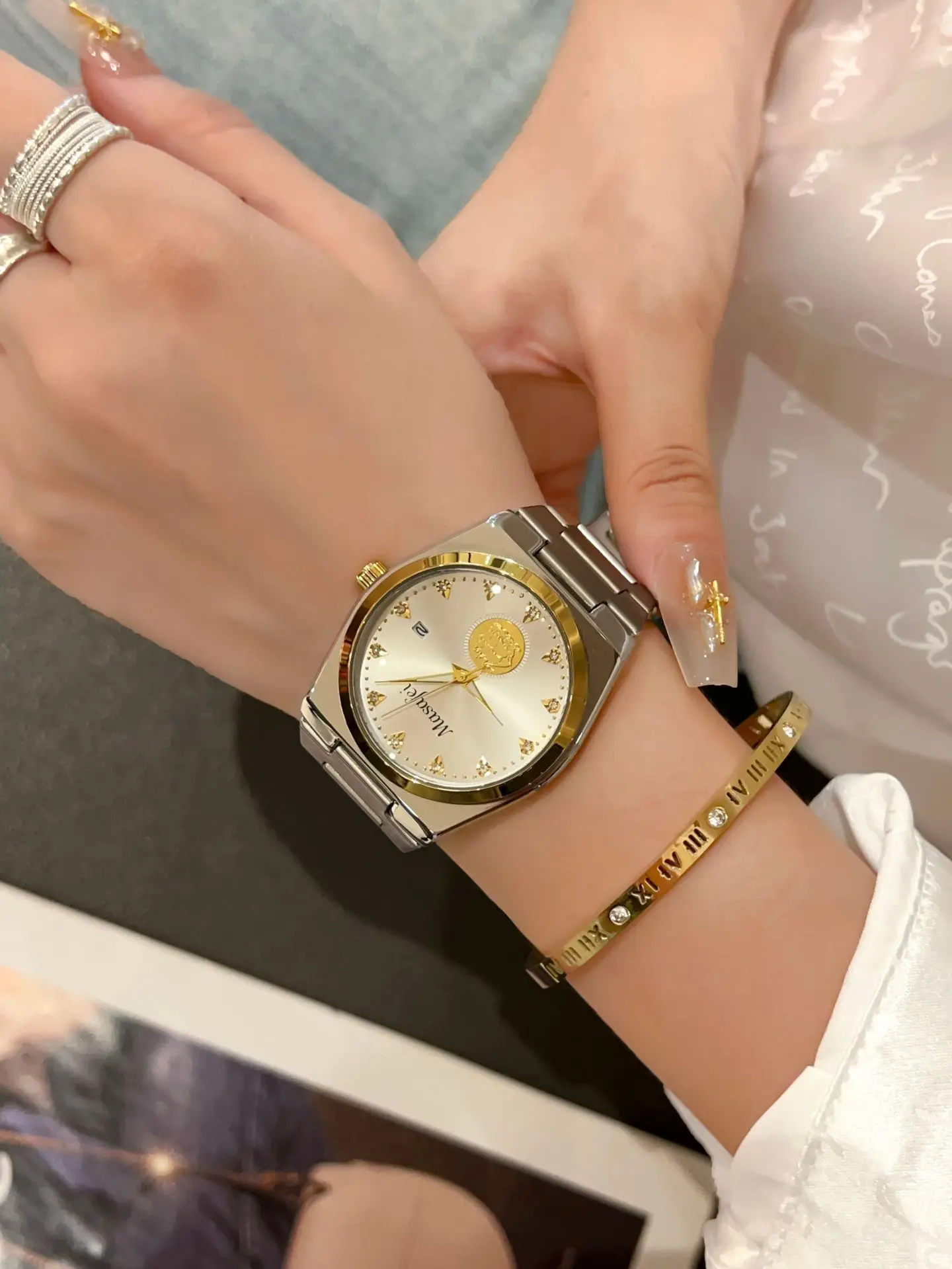 Men's Gold Skeleton Watch with Silver Chain Strap — feature 6