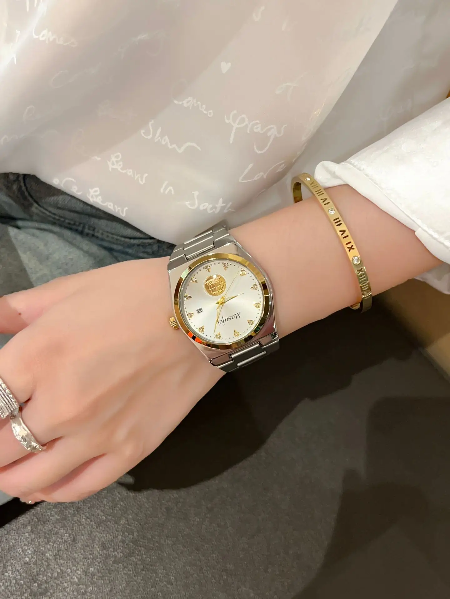 Men's Gold Skeleton Watch with Silver Chain Strap — feature 7