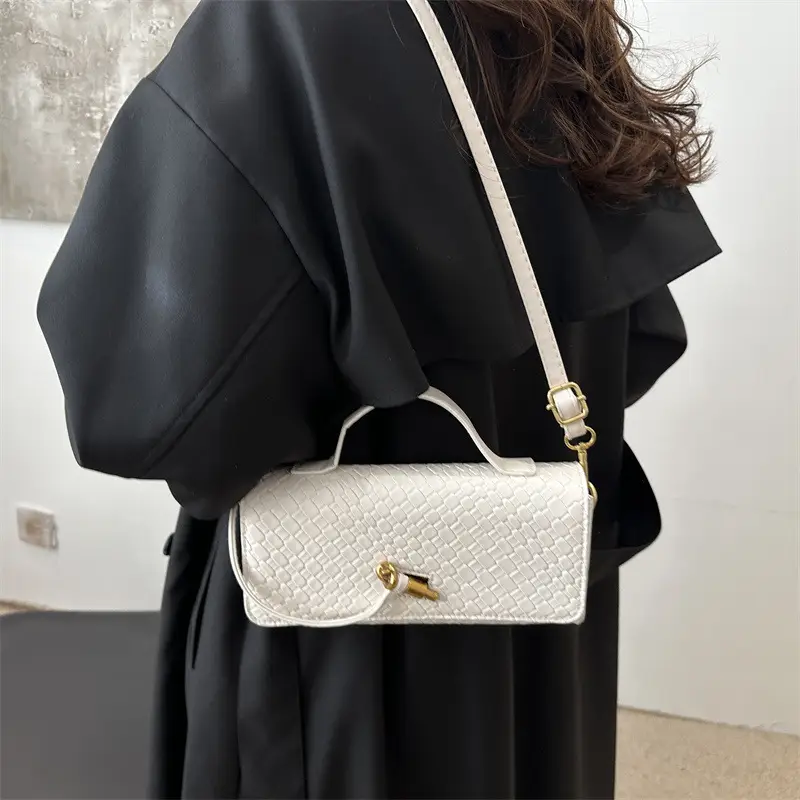 Black Woven Handbag for Women with Gold Plated Clasp