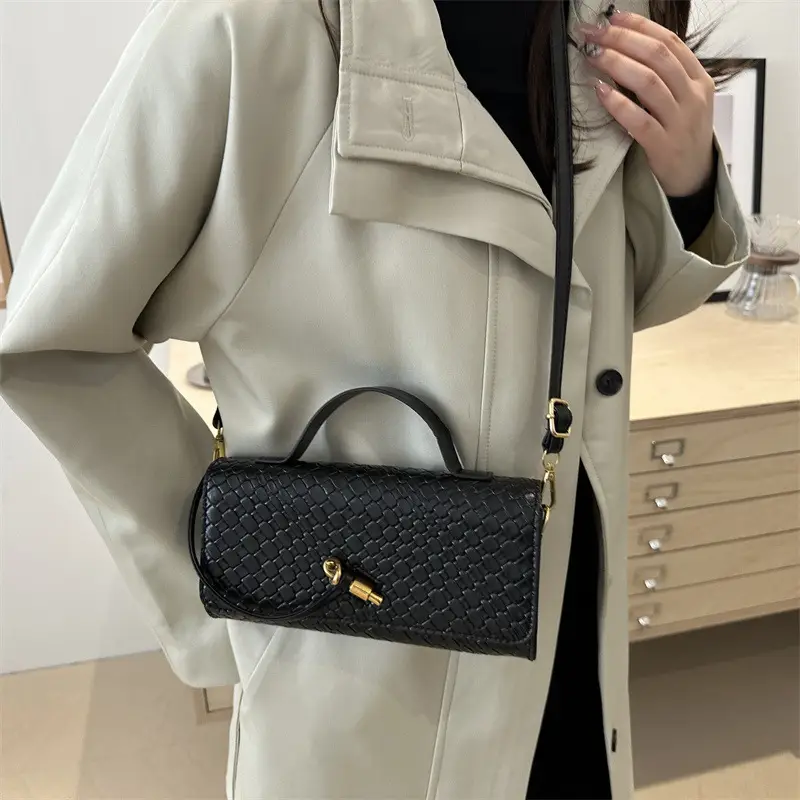 Black Woven Handbag for Women with Gold Plated Clasp