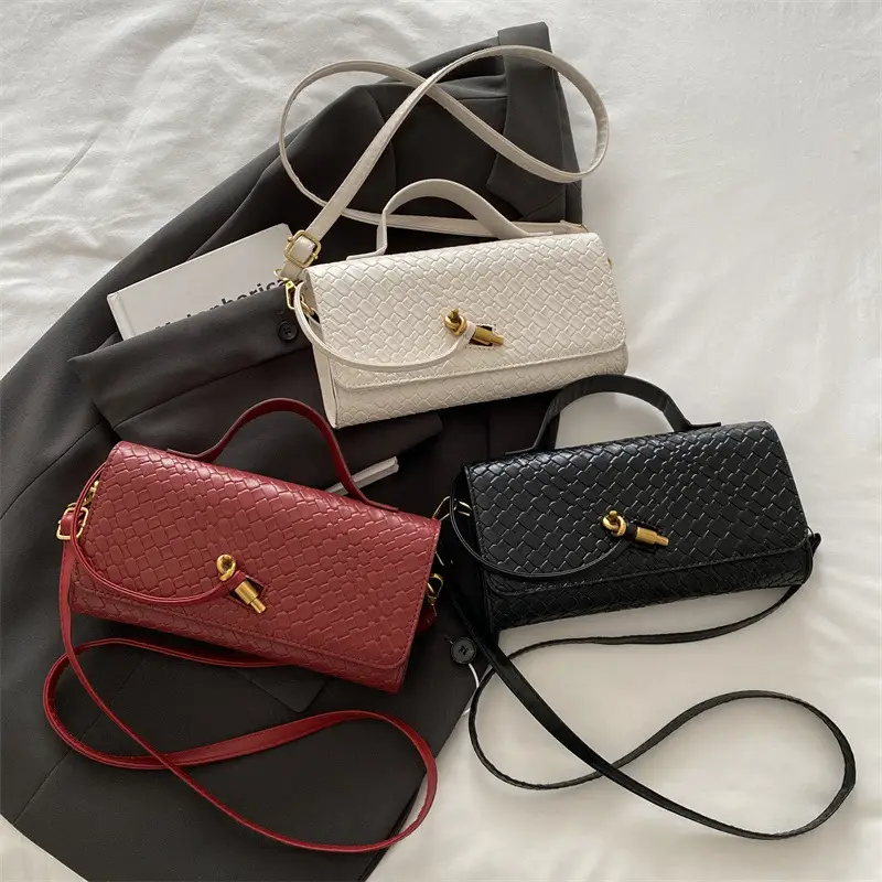 Black Woven Handbag for Women with Gold Plated Clasp