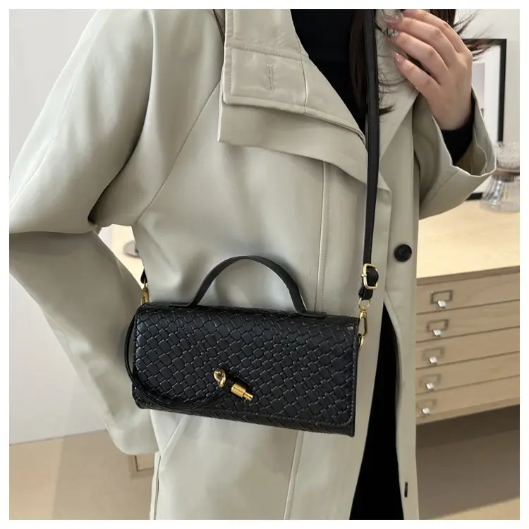 Black Woven Handbag for Women with Gold Plated Clasp — feature 10