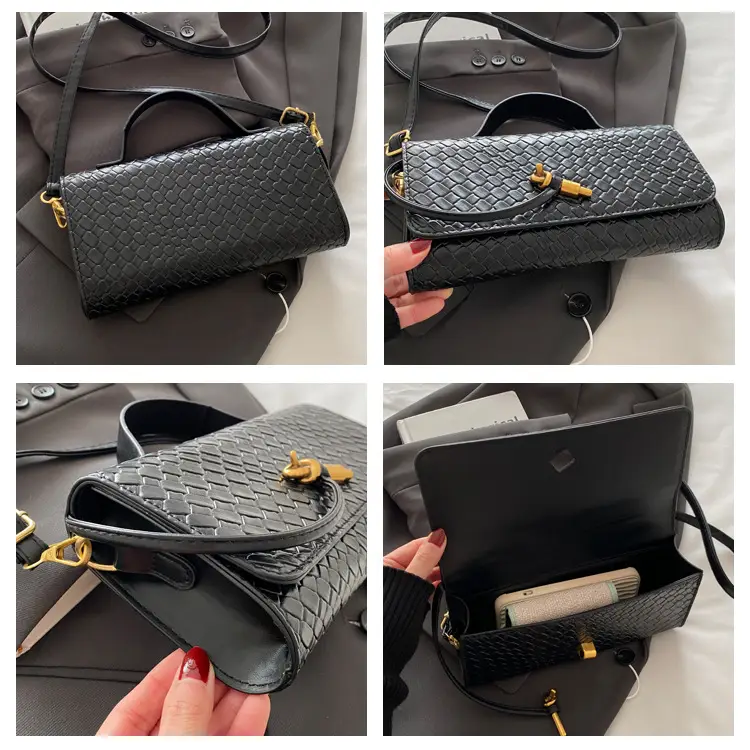 Black Woven Handbag for Women with Gold Plated Clasp — feature 9