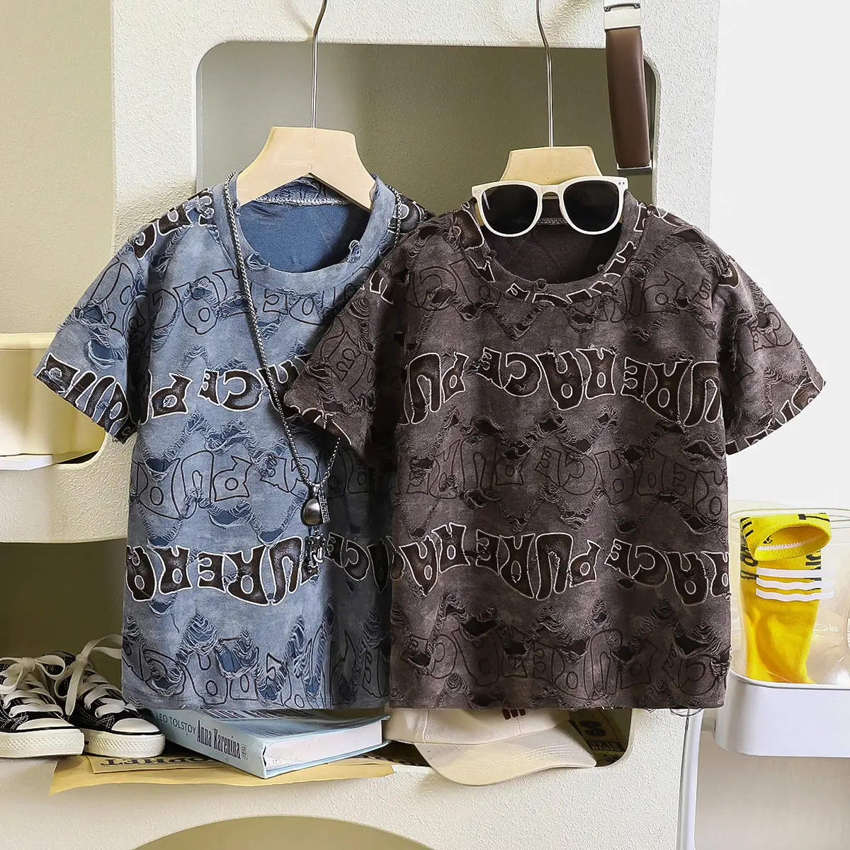 Boys 2026 Ripped English Letter T-Shirt Thin Summer - Image 4