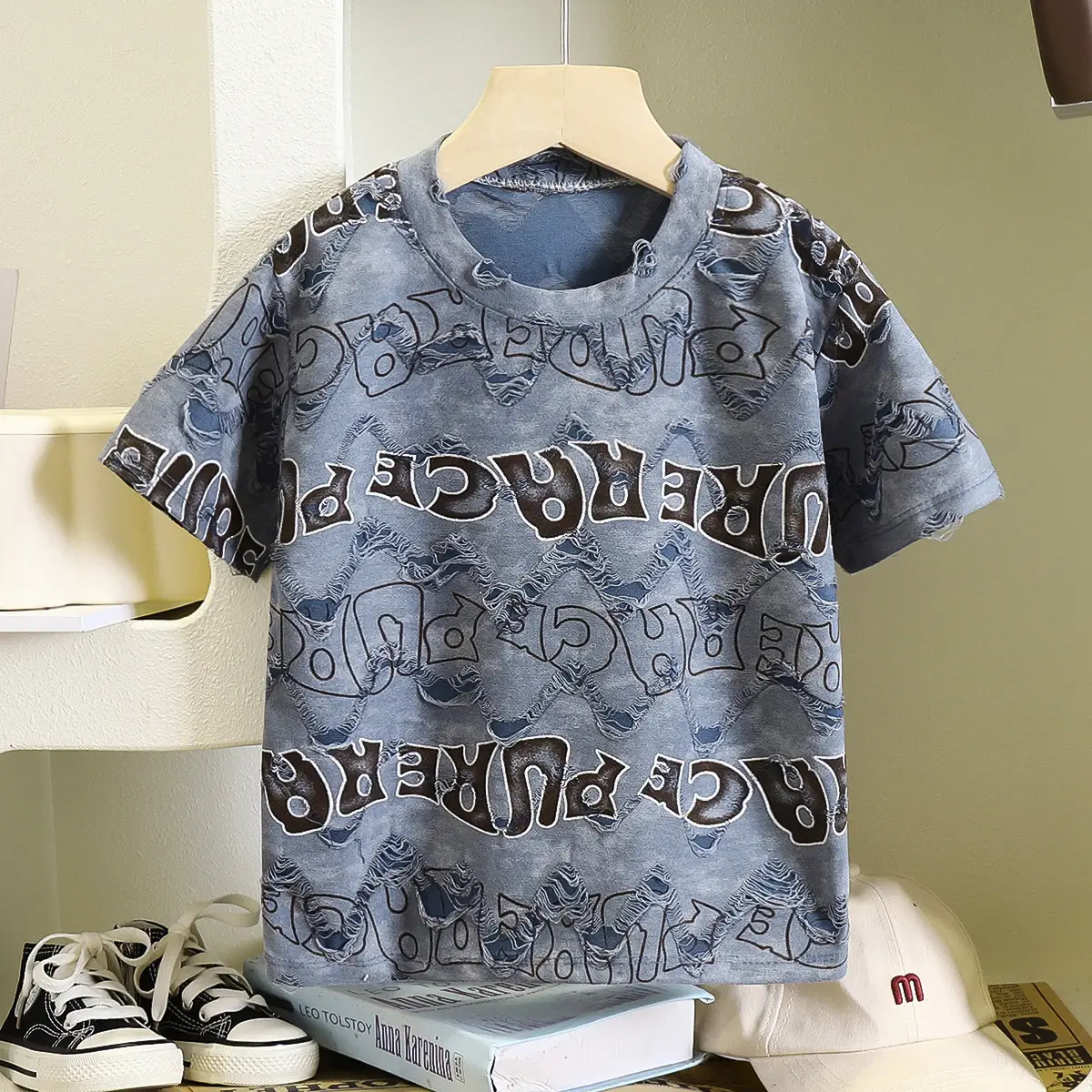 Boys 2026 Ripped English Letter T-Shirt Thin Summer - Image 6