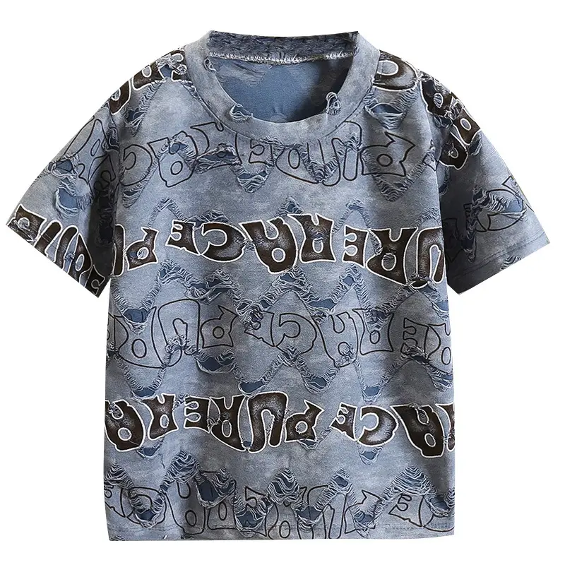 Boys 2026 Ripped English Letter T-Shirt Thin Summer - Image 7