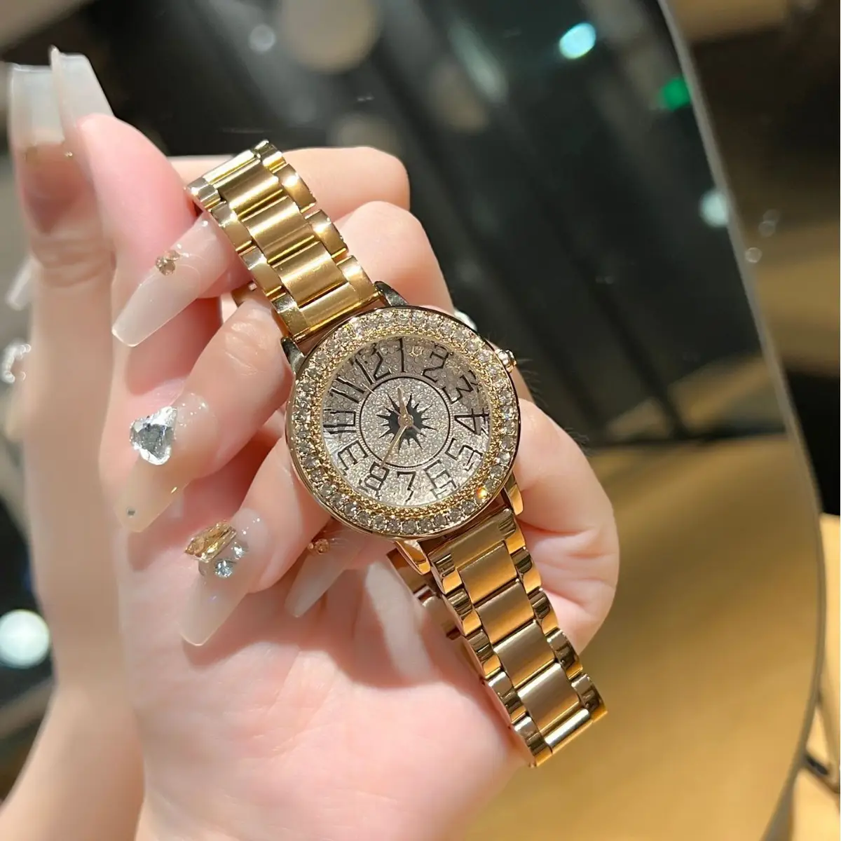 Cross-border Women's Full Diamond Digital Watch with Red Black Gold Belt