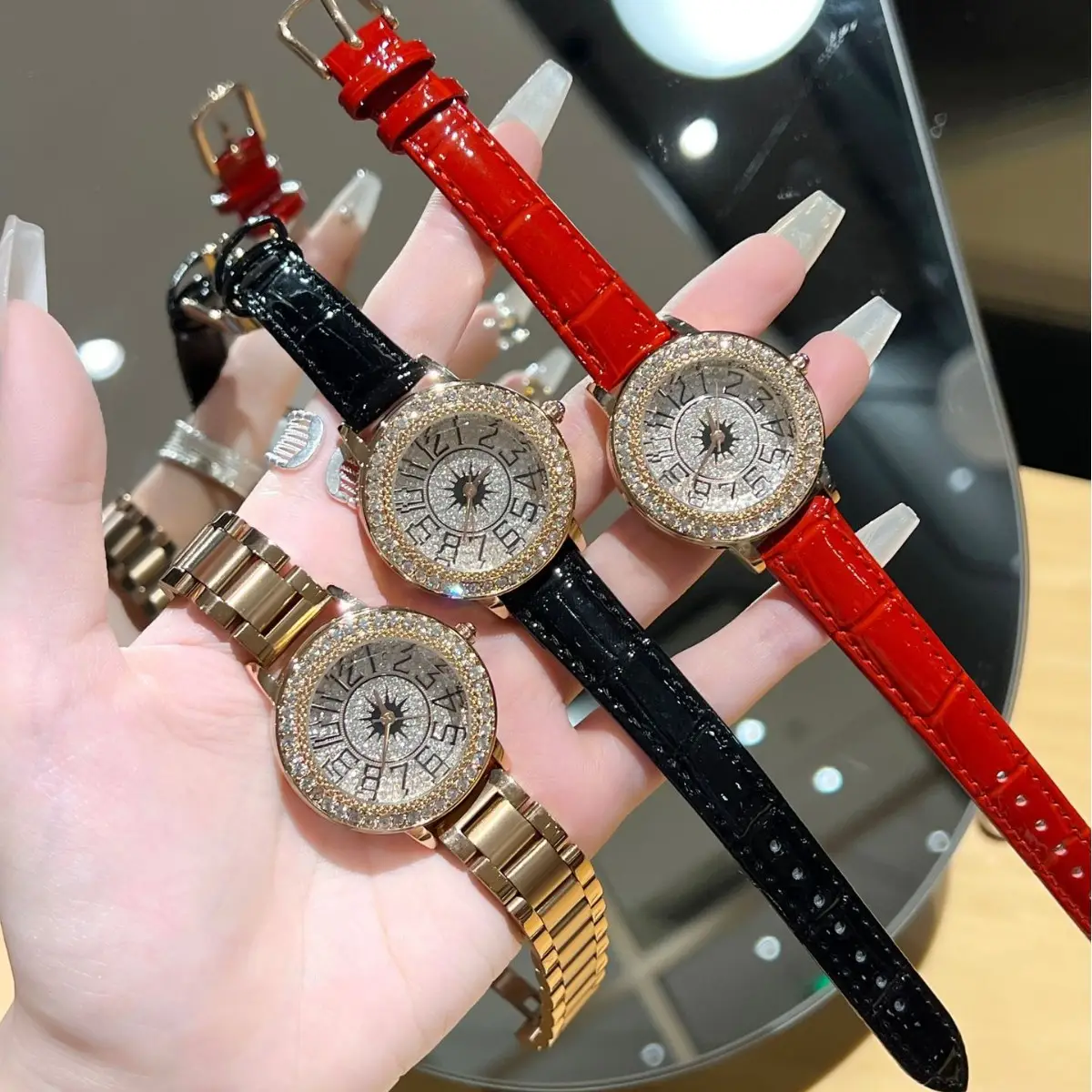 Cross-border Women's Full Diamond Digital Watch with Red Black Gold Belt