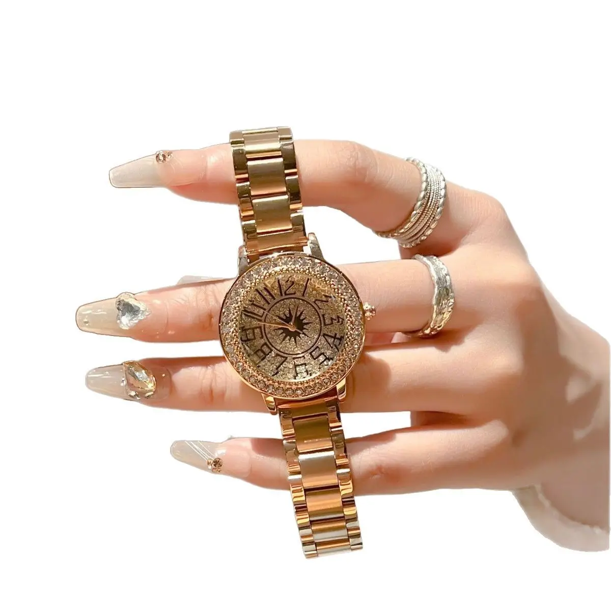 Cross-border Women's Full Diamond Digital Watch with Red Black Gold Belt