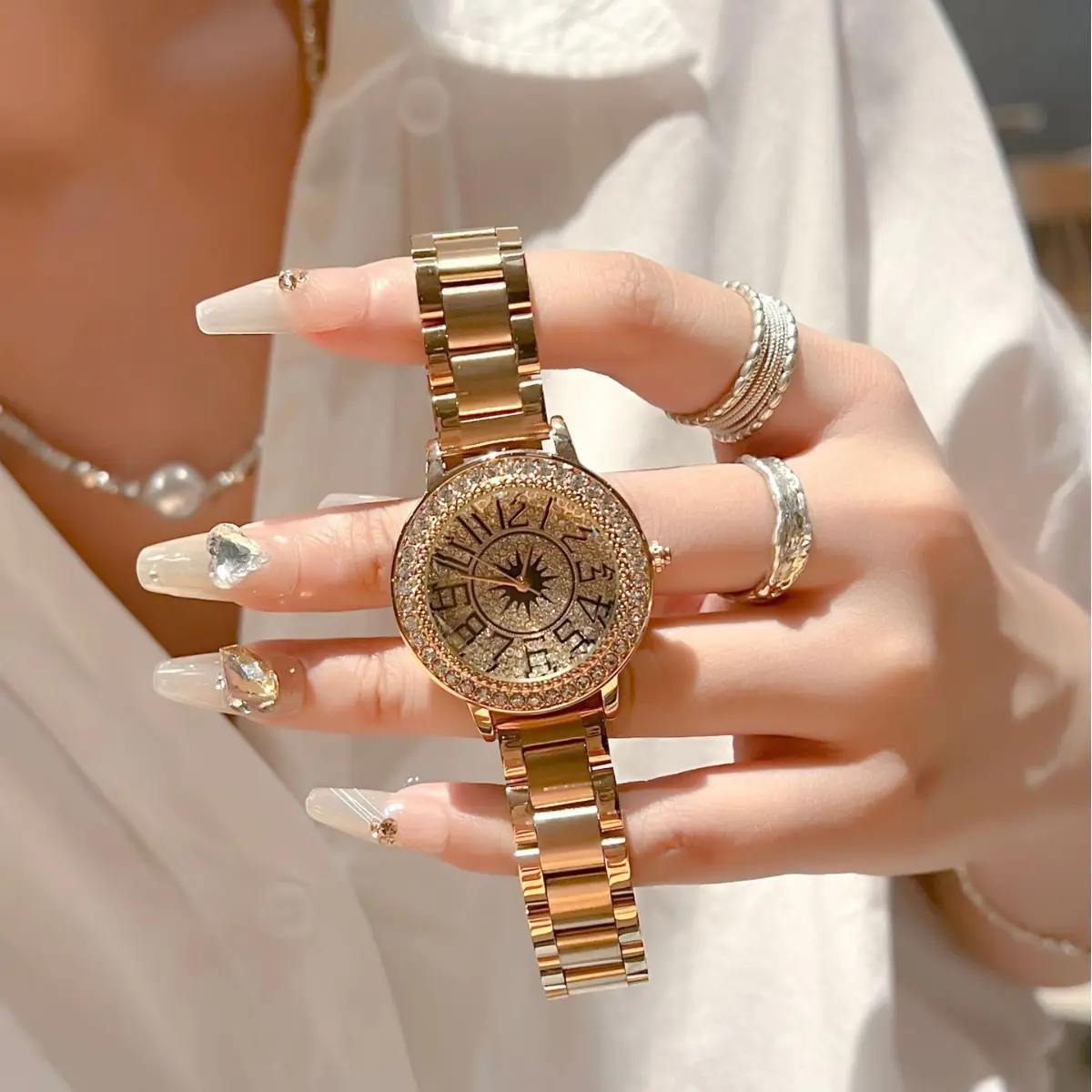 Cross-border Women's Full Diamond Digital Watch with Red Black Gold Belt