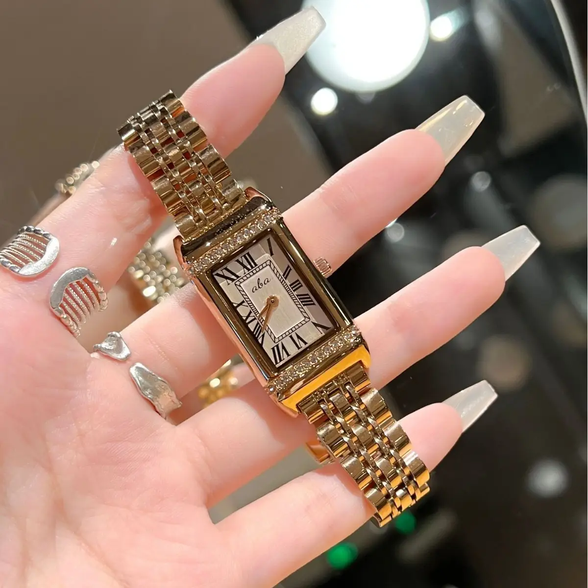 Women's Light Luxury Steel Belt Watch with Diamond Earring