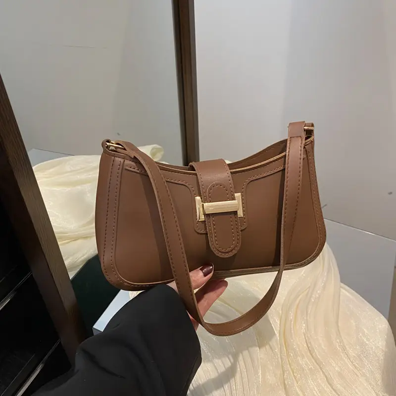 Black Textured Shoulder Bag with Gold Buckle