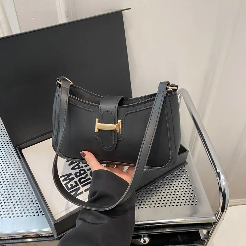 Black Textured Shoulder Bag with Gold Buckle