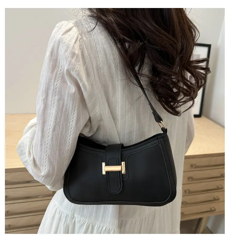 Black Textured Shoulder Bag with Gold Buckle — feature 18