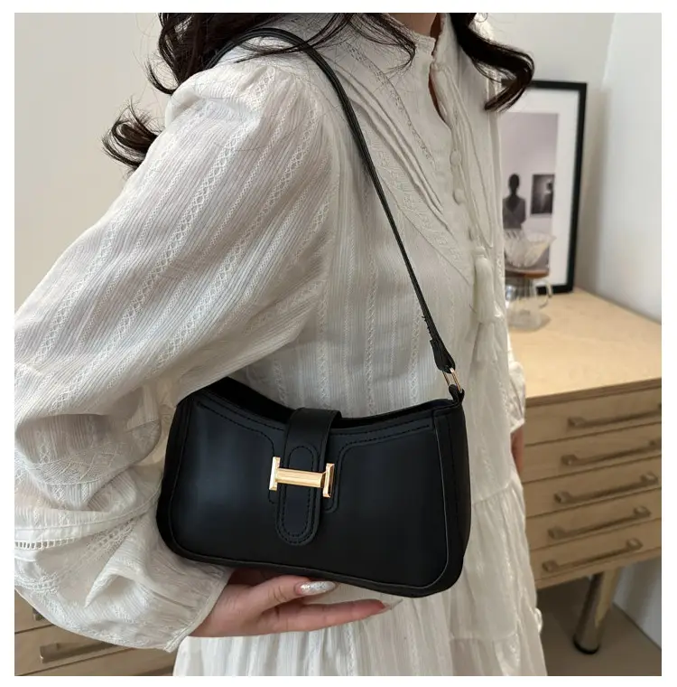 Black Textured Shoulder Bag with Gold Buckle — feature 19