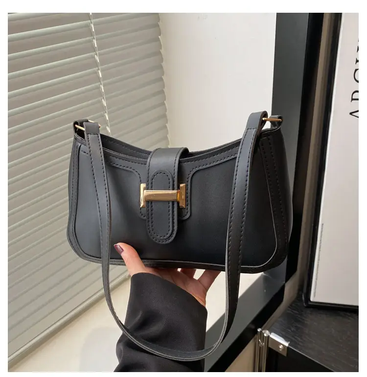Black Textured Shoulder Bag with Gold Buckle — feature 21