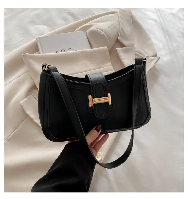 Black Textured Shoulder Bag with Gold Buckle