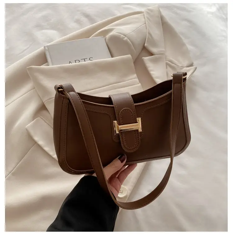 Black Textured Shoulder Bag with Gold Buckle