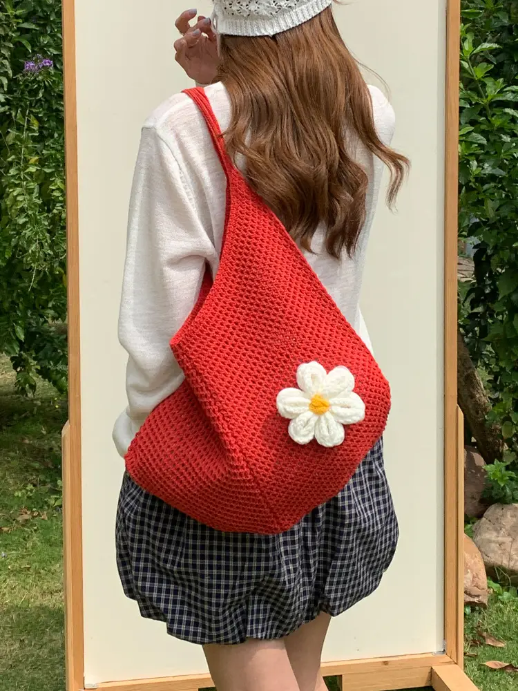 Red Woven Shoulder Bag with Flower Decor