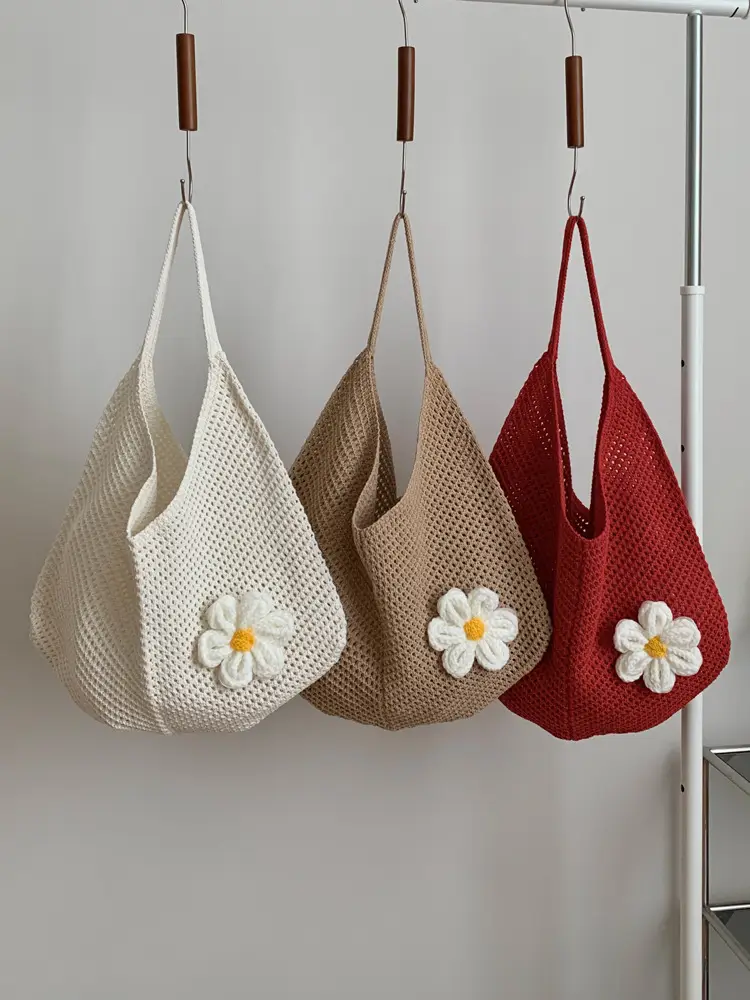 Red Woven Shoulder Bag with Flower Decor