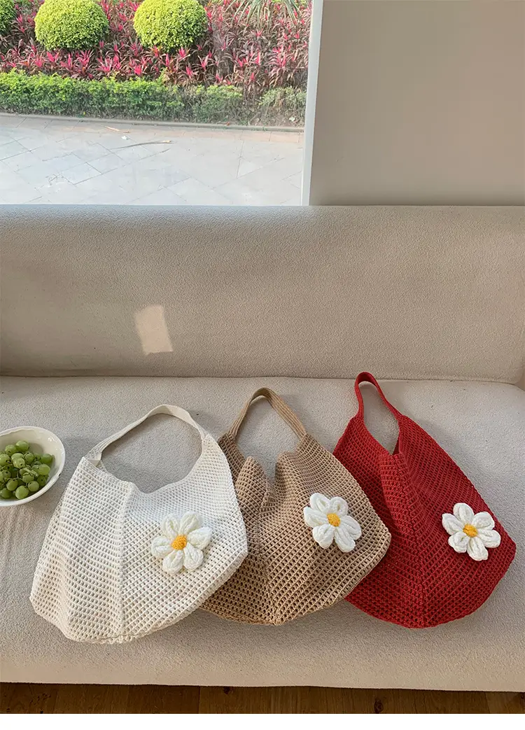 Red Woven Shoulder Bag with Flower Decor — feature 11