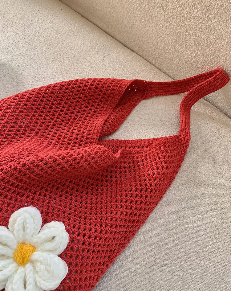 Red Woven Shoulder Bag with Flower Decor — feature 15