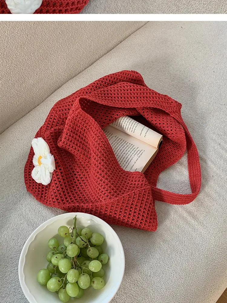 Red Woven Shoulder Bag with Flower Decor — feature 16