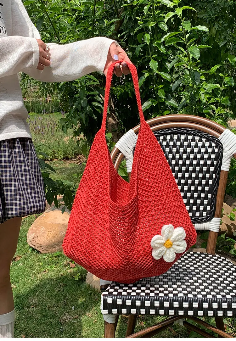 Red Woven Shoulder Bag with Flower Decor — feature 6