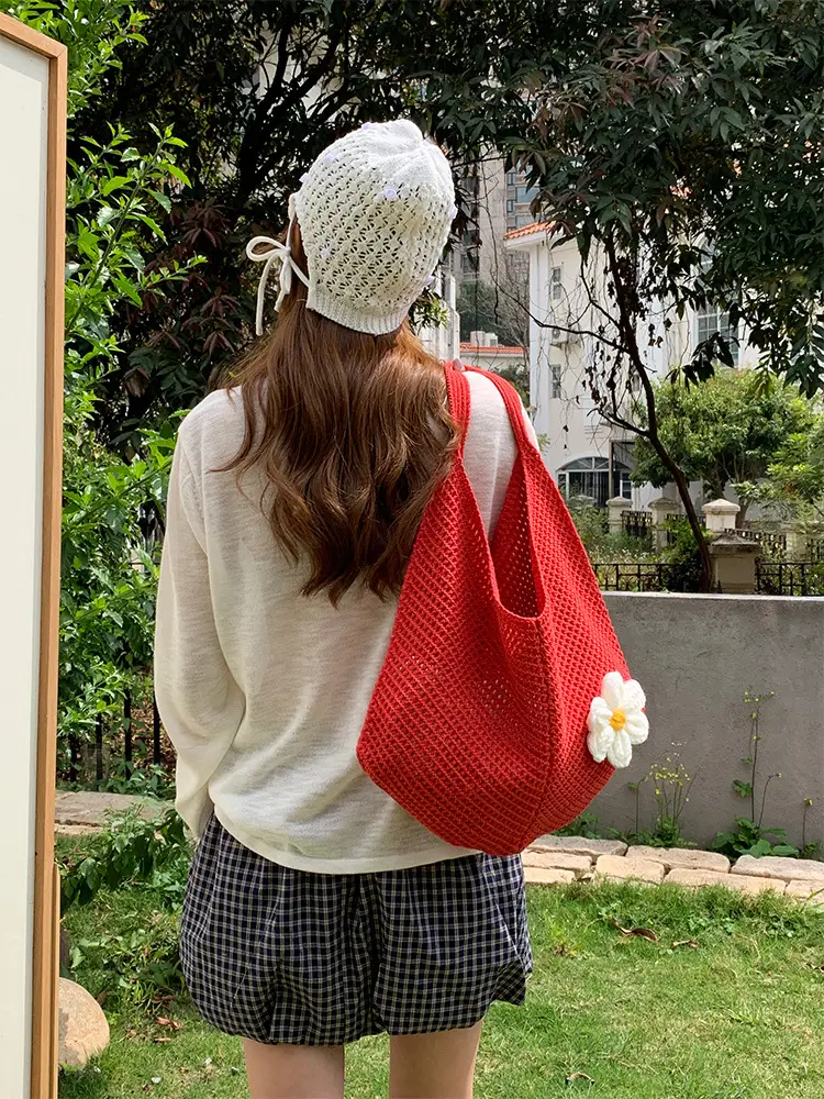 Red Woven Shoulder Bag with Flower Decor — feature 7