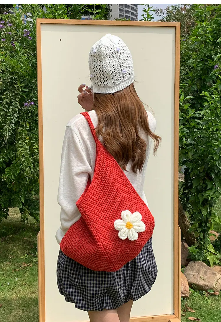 Red Woven Shoulder Bag with Flower Decor — feature 8