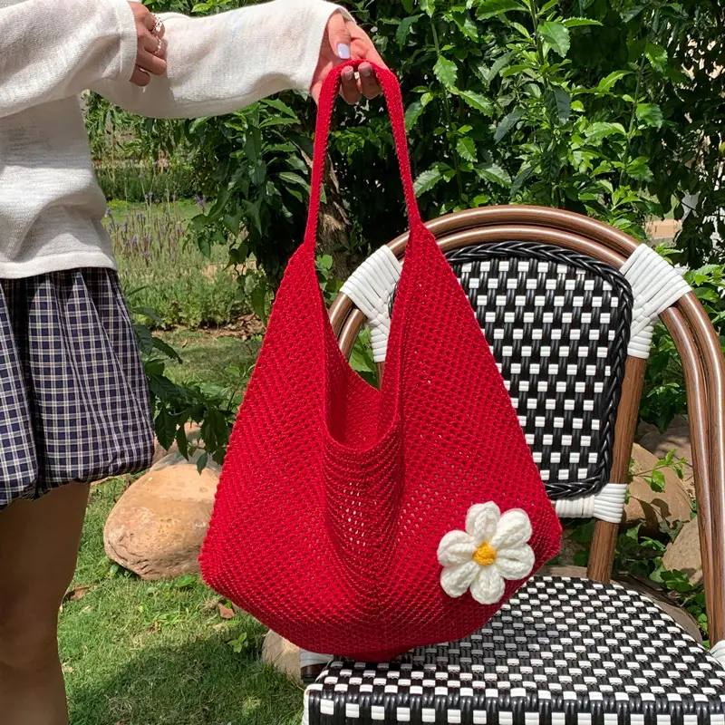 Red Woven Shoulder Bag with Flower Decor