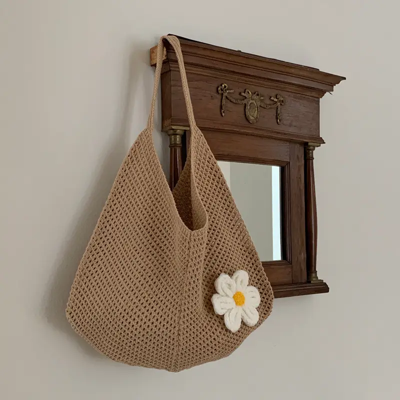 Red Woven Shoulder Bag with Flower Decor