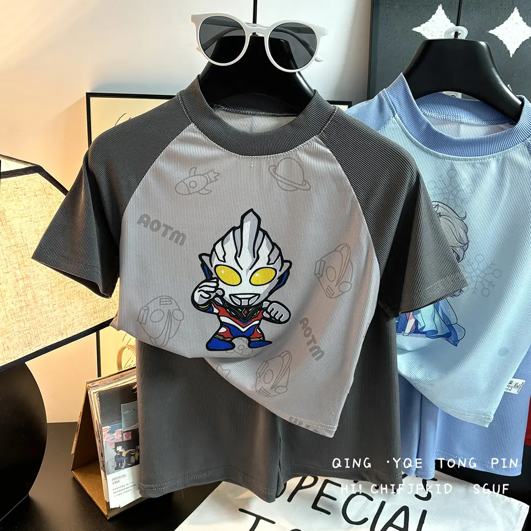 Boys Cartoon T-Shirt Grey Light Blue Short Sleeve - Image 2