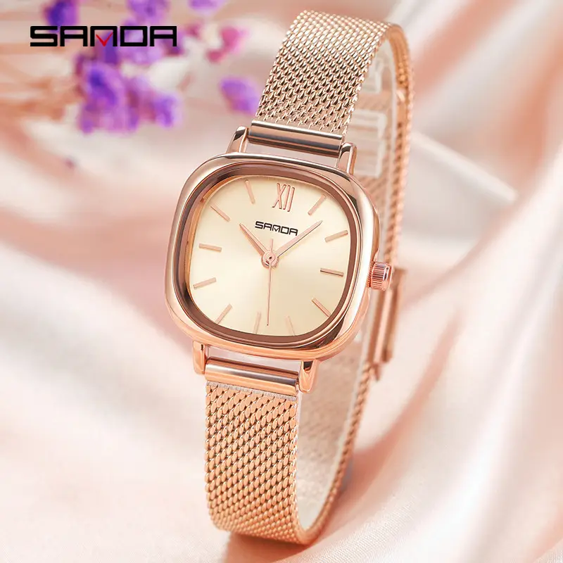 Women's Rose Gold Square Watch with Mesh Band