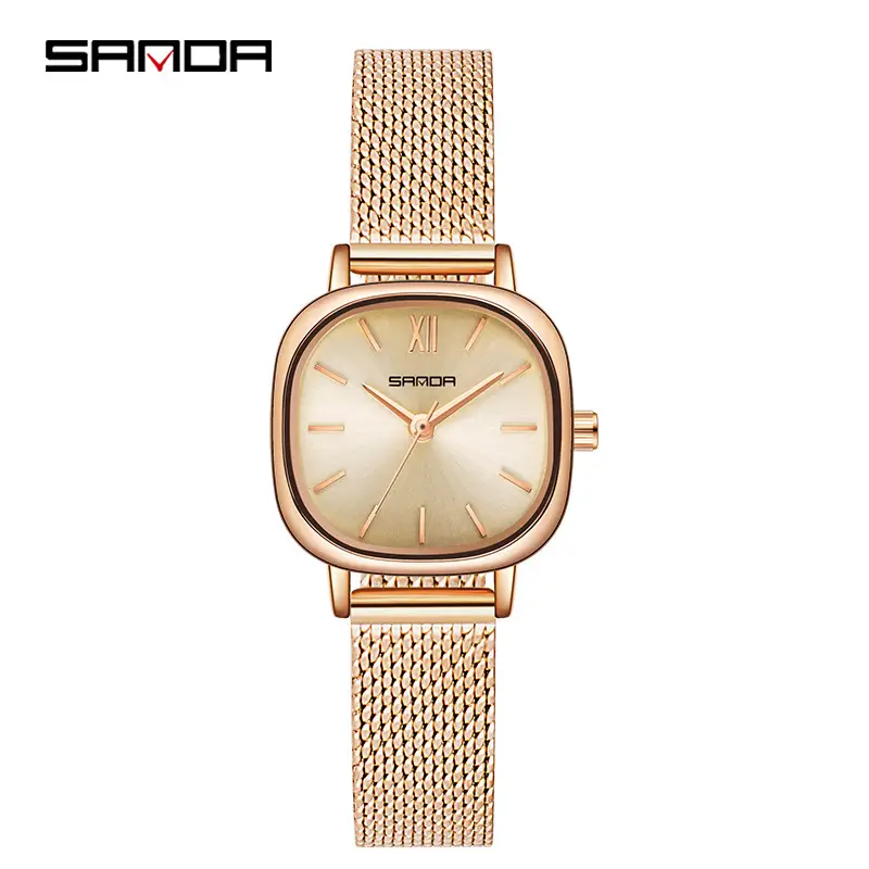 Women's Rose Gold Square Watch with Mesh Band