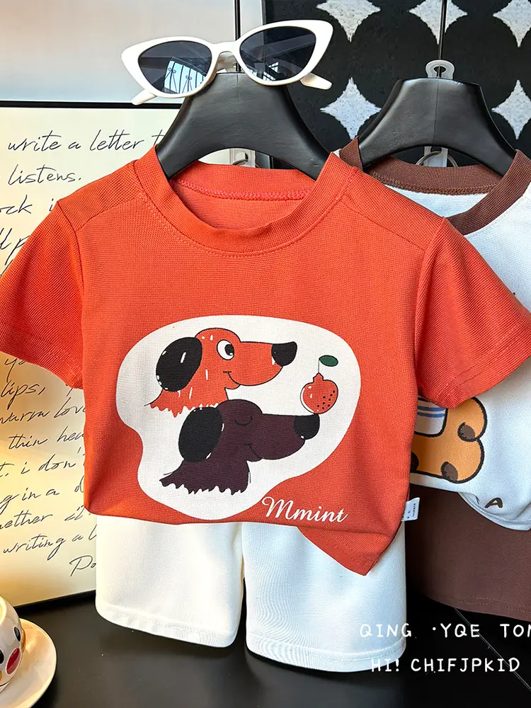 Children Printed T-Shirt Shorts Set Orange White Cartoon Dog Baby Girl - Image 6