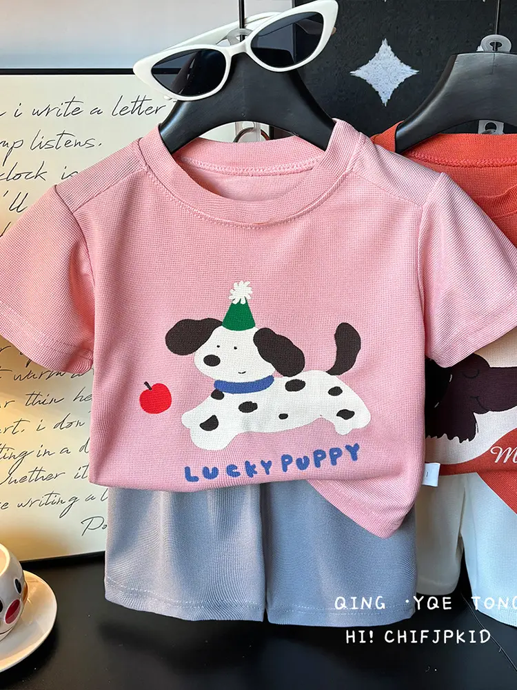 Children Printed T-Shirt Shorts Set Orange White Cartoon Dog Baby Girl - Image 7
