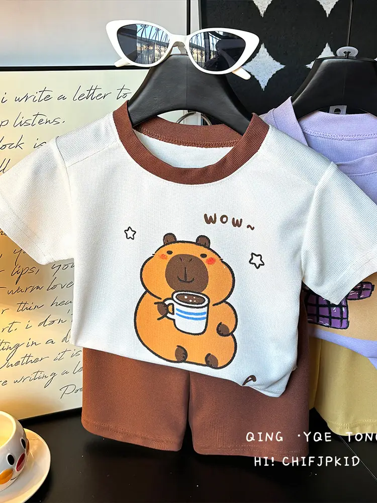 Children Printed T-Shirt Shorts Set Orange White Cartoon Dog Baby Girl - Image 9