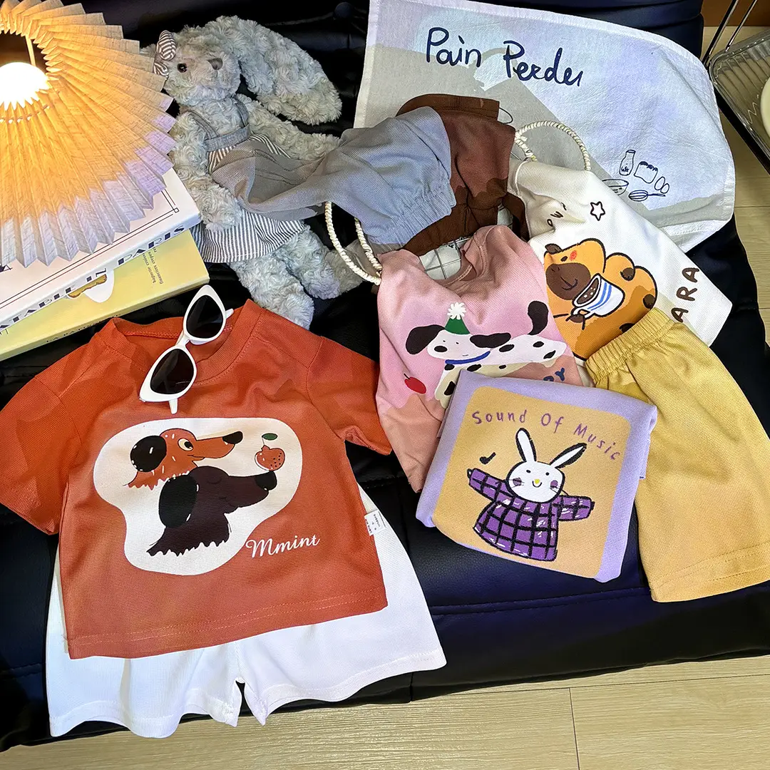 Children Printed T-Shirt Shorts Set Orange White Cartoon Dog Baby Girl — feature 2
