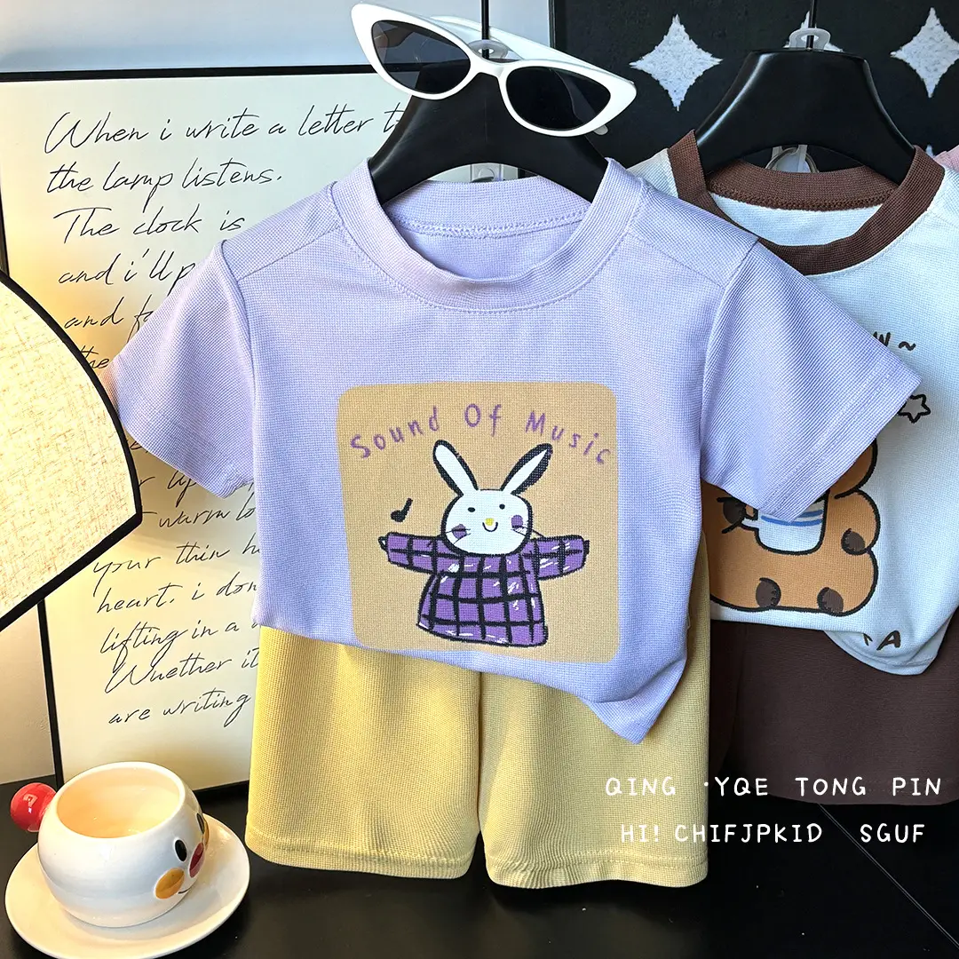 Children Printed T-Shirt Shorts Set Orange White Cartoon Dog Baby Girl - Image 3