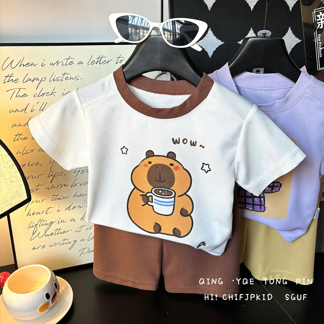 Children Printed T-Shirt Shorts Set Orange White Cartoon Dog Baby Girl - Image 4