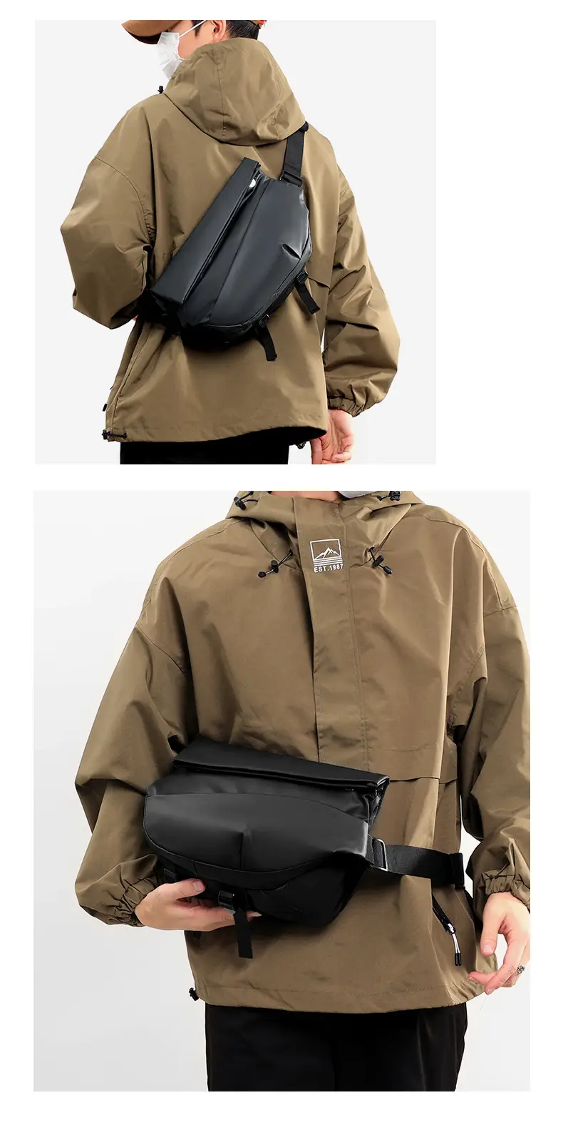Men's Black Solid Crossbody Bag Casual Commuting Shoulder Bag — feature 21