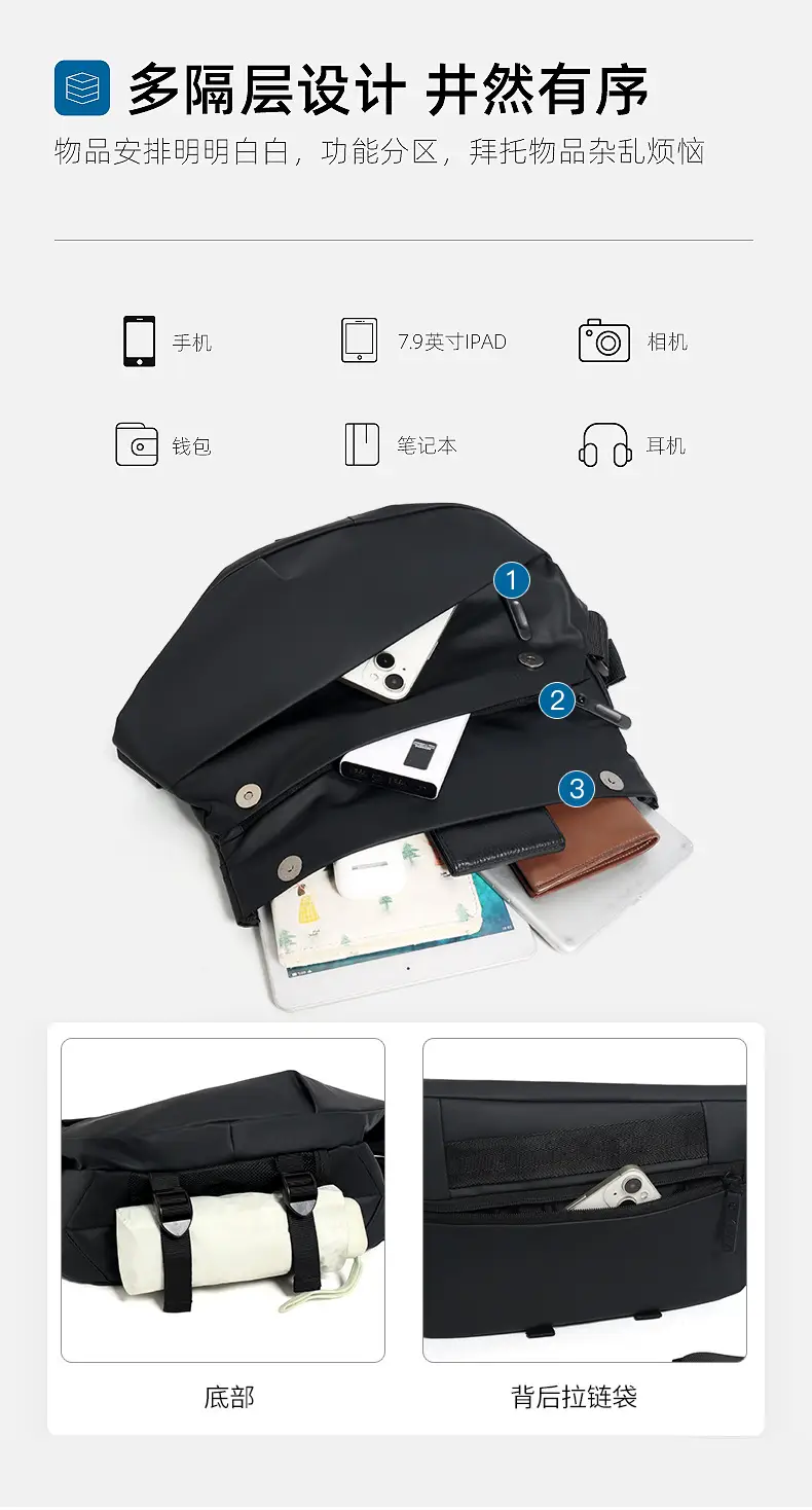 Men's Black Solid Crossbody Bag Casual Commuting Shoulder Bag — feature 7