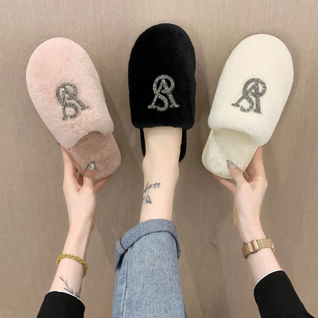 Baotou Mao Mao cotton slippers women's 2021 autumn and winter new warm slippers home bright diamond slippers fashion outerwear women's shoes