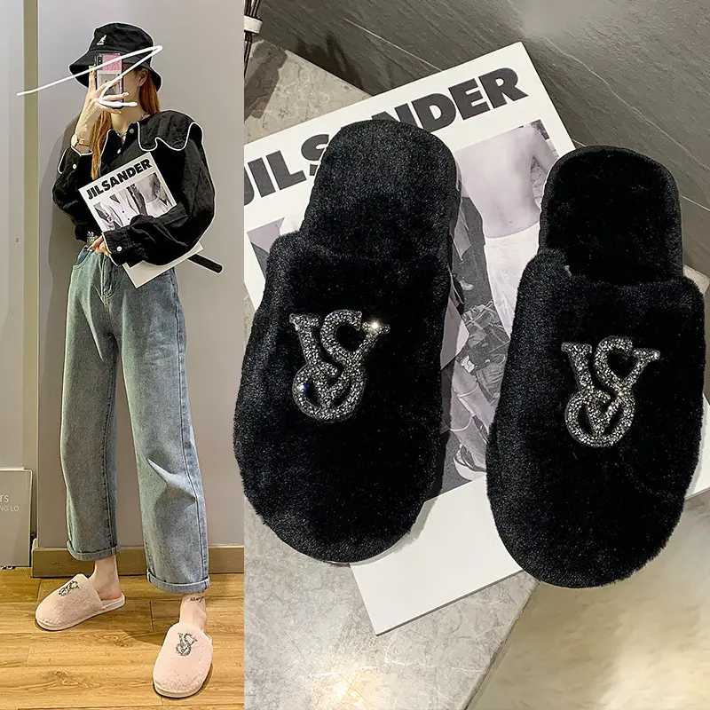 Baotou Mao Mao cotton slippers women's 2021 autumn and winter new warm slippers home bright diamond slippers fashion outerwear women's shoes