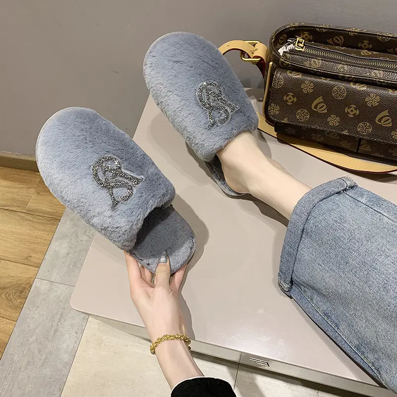 Baotou Mao Mao cotton slippers women's 2021 autumn and winter new warm slippers home bright diamond slippers fashion outerwear women's shoes